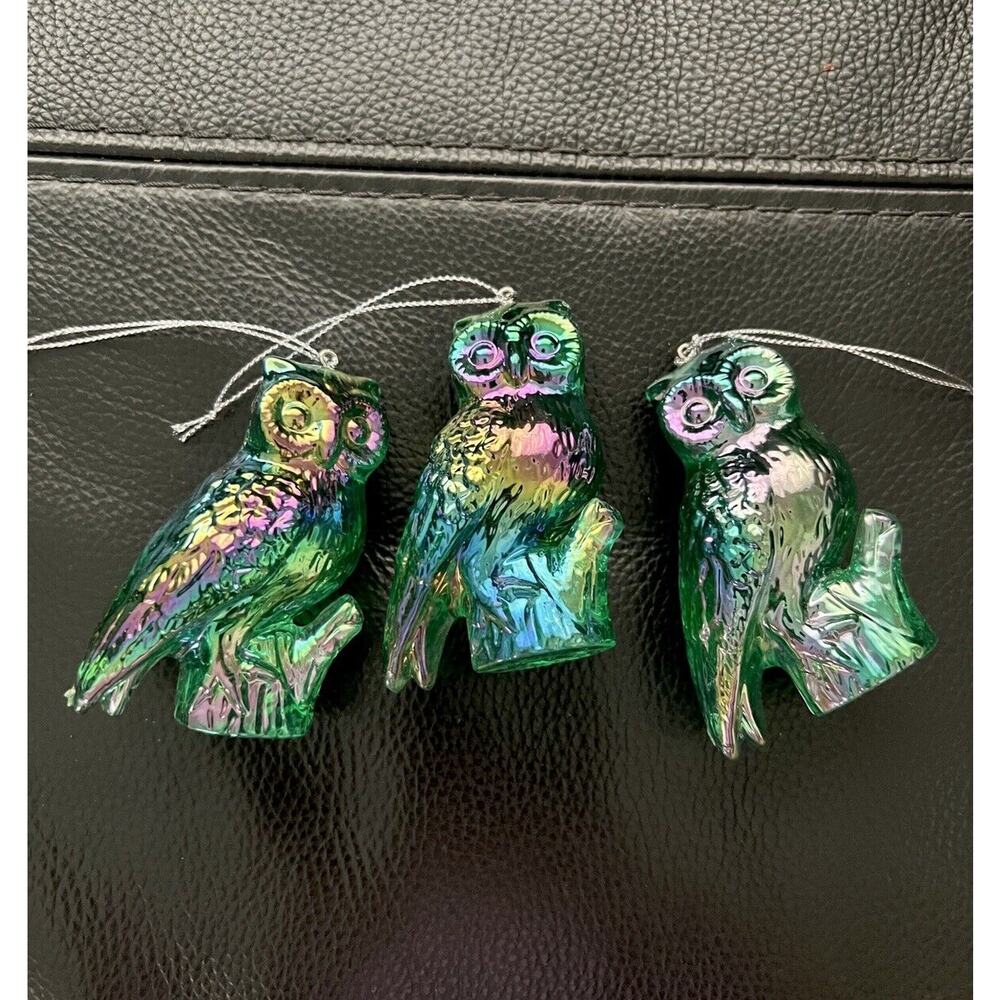 Set of 3 Iridescent Carnival Glass-Like Lucite Owl Christmas Ornaments